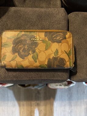 Coach Brown Floral Signature Zip-Around Wallet with Green Leaves